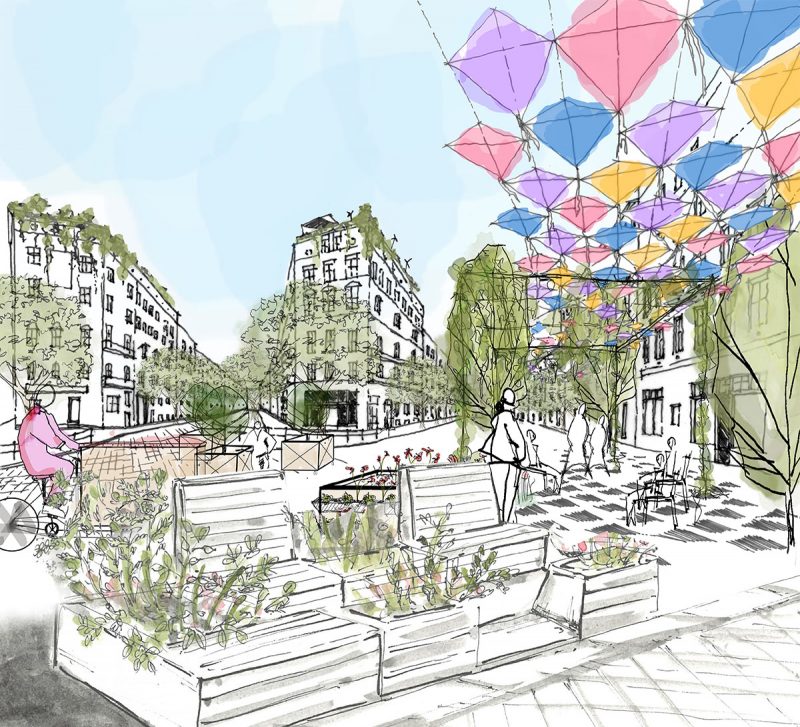 Illustration eines Parklets vor dem Quartiersmanagement Pankstraße