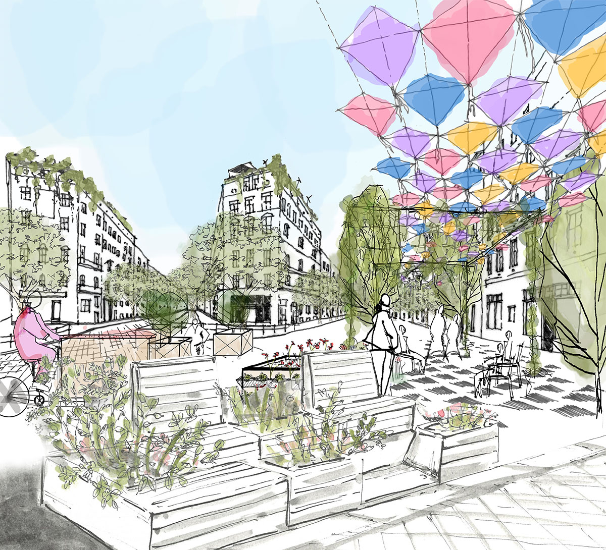 Illustration eines Parklets vor dem Quartiersmanagement Pankstraße